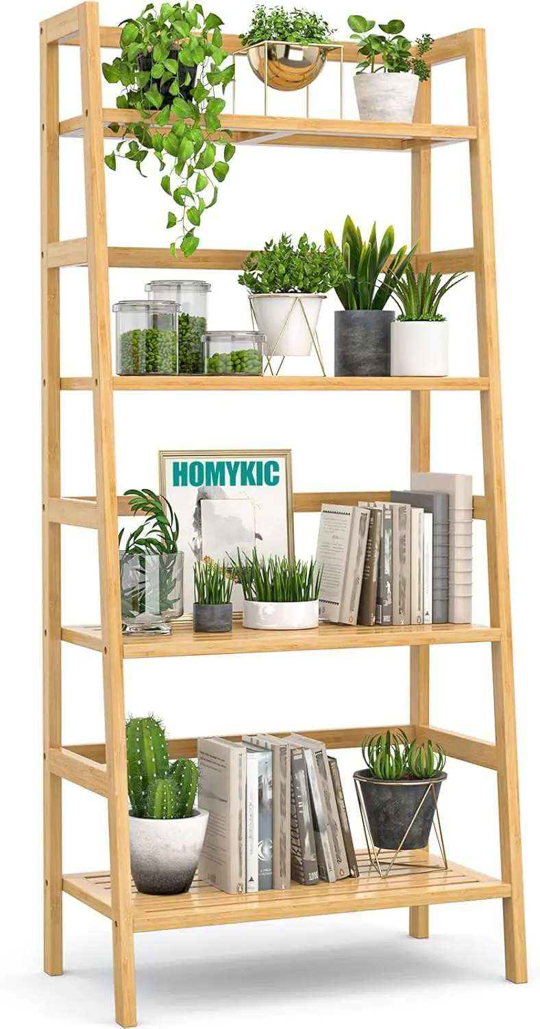 

4-Tier Bamboo Ladder Shelf, 49" Tall Bookshelf, Plant Stand Storage Rack for Living Room, Bathroom, Bedroom, Home Office