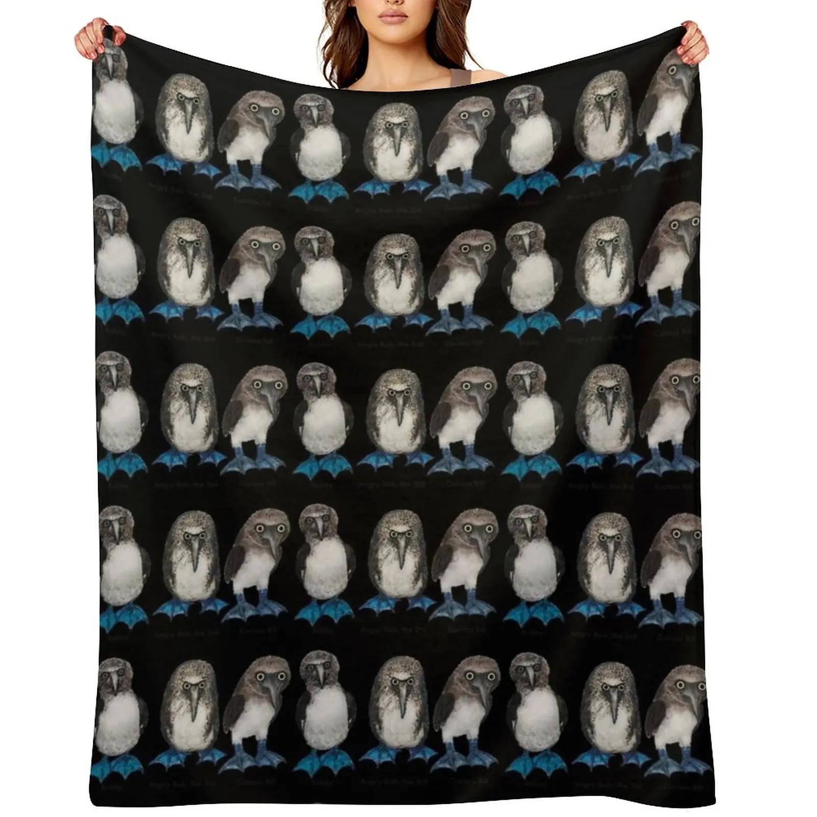 Bobby, Angry Bob the 3rd and Curious Bill the trio of Blue Footed Boobies on Blue Throw Blanket manga Furrys Blankets