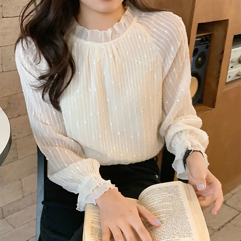 Office Lady Sweet Lantern Sleeve Shirt Spring Autumn O-Neck Women\'s Clothing Fashion Ruffles Spliced Korean Solid Color Blouse