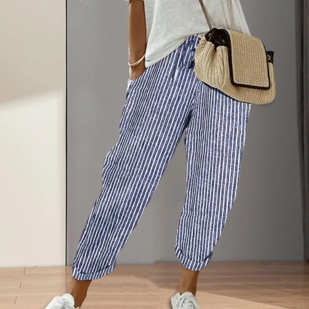 Women Casual Pants Elastic Waist Drawstring Harem Pants with Pockets Vertical Striped Print Beach Office Daily Long Trousers