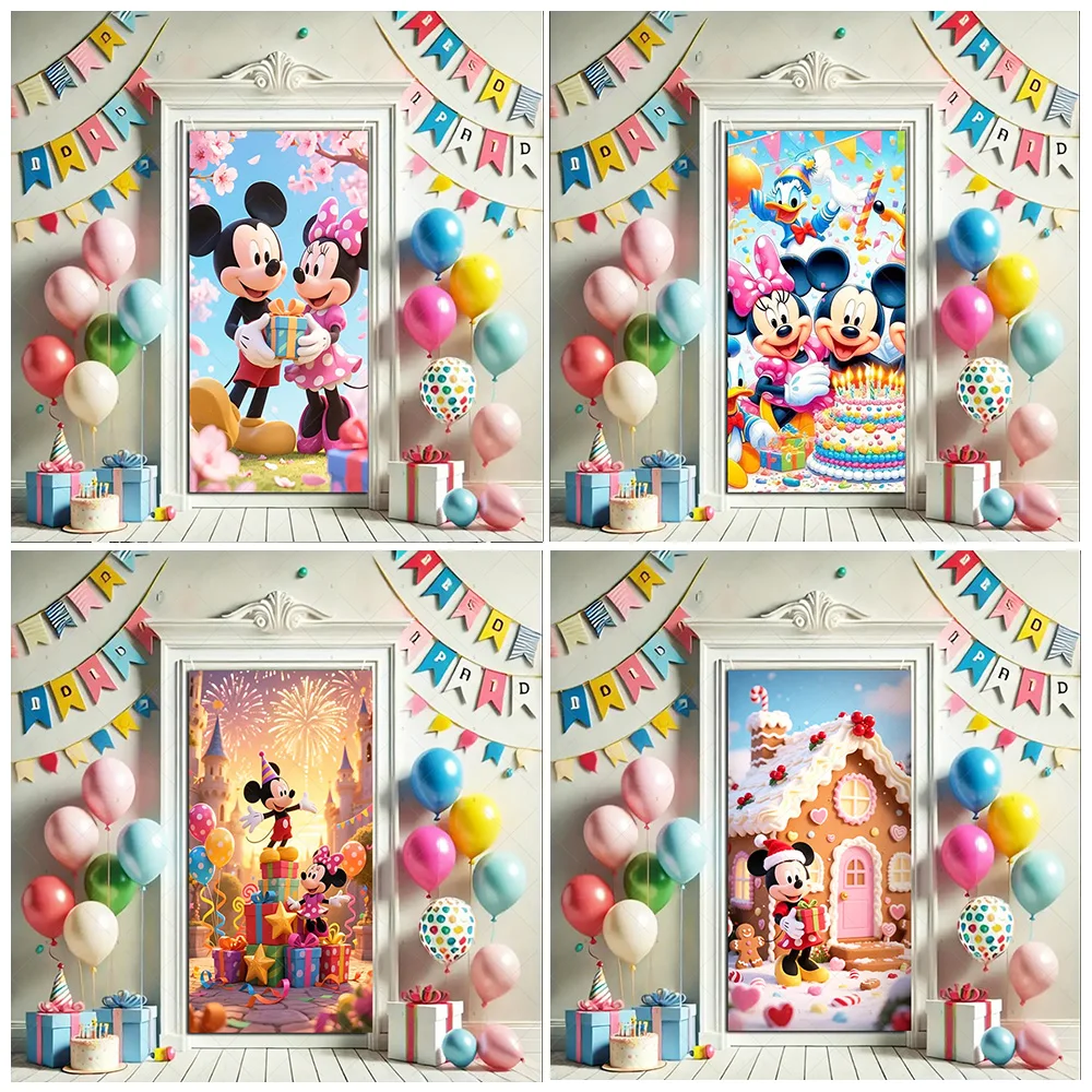 

Cute Mickey Minnie Door Cover Backdrop Indoor Outdoor Porch Background Mickey Minnie Birthday Party Decoration Photography Props