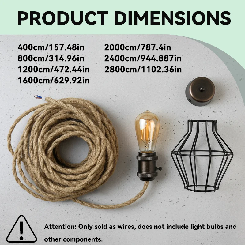 Lamp Cord, Hemp Rope Twisted Wire, Vintage Pendant Light Cord, 2 Core, DIY, Industrial, Retro