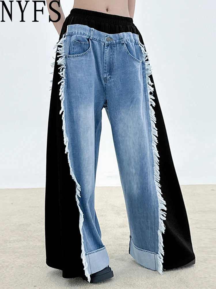 

NYFS Европа, США, лоскутные свободные женские джинсы больших размеров, брюки с эластичной резинкой на талии, осенние модные джинсовые широкие брюки