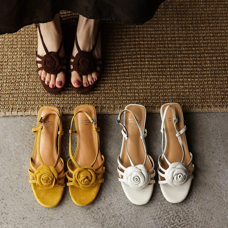 

Women's new summer genuine leather sheepskin sheep suede flower elastic middle heel exposed toe fish mouth shoes sandals