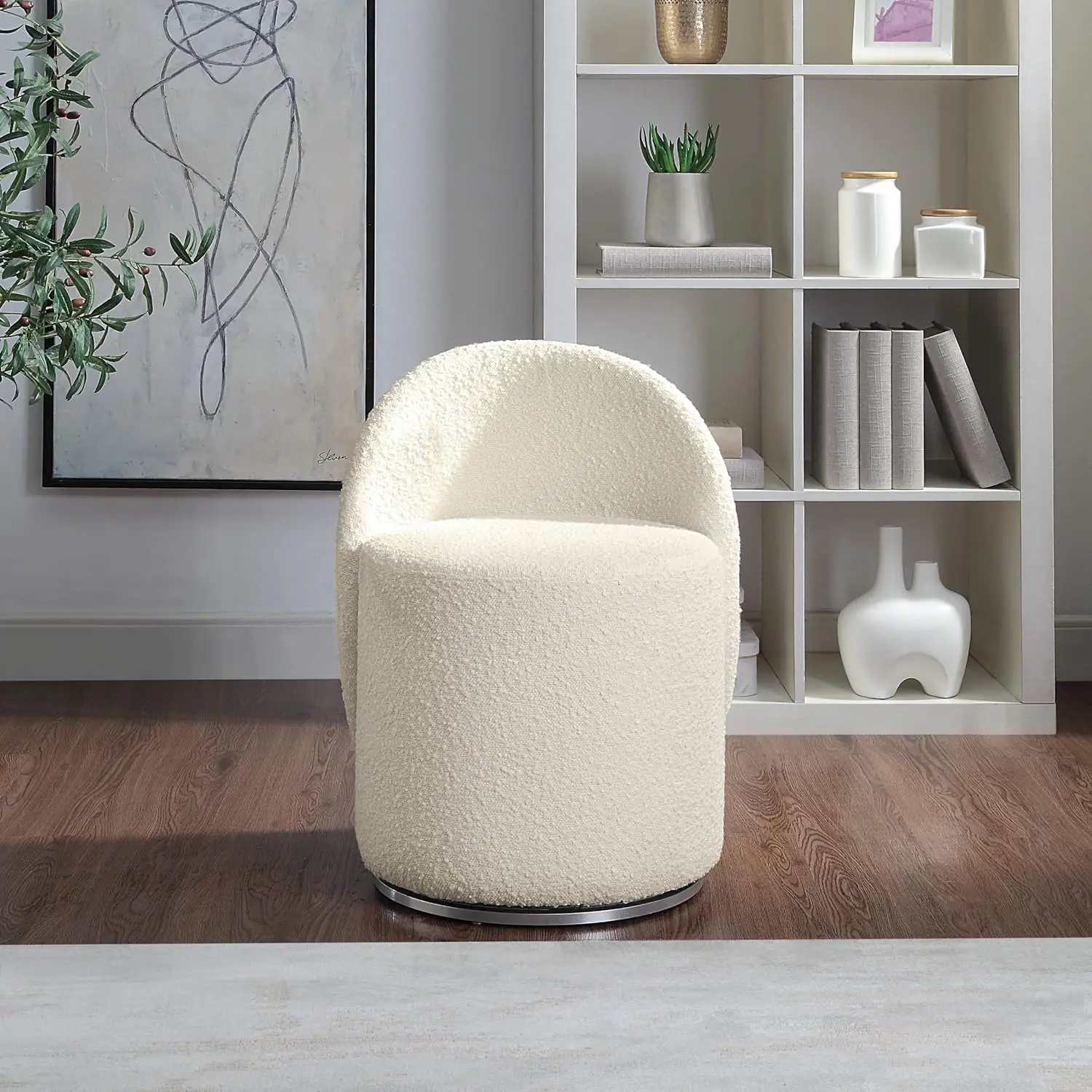 Furnishings Lystra Drehbarer Barrel-Schminkstuhl mit strukturiertem Bouclé-Stoff, Creme