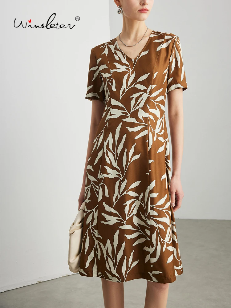 

Winsleter-100% Элегантное платье из натурального шелка, V-образный вырез с коротким рукавом и принтом, женские универсальные платья во французском стиле ретро, весенняя новинка 2026 D61314CC