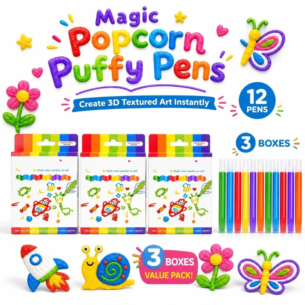 Three sets of 18 popcorn pen sets - 3D fluffy effect pens with six colors of embossed ink, perfect for making birthday cards and DIY festival gifts.