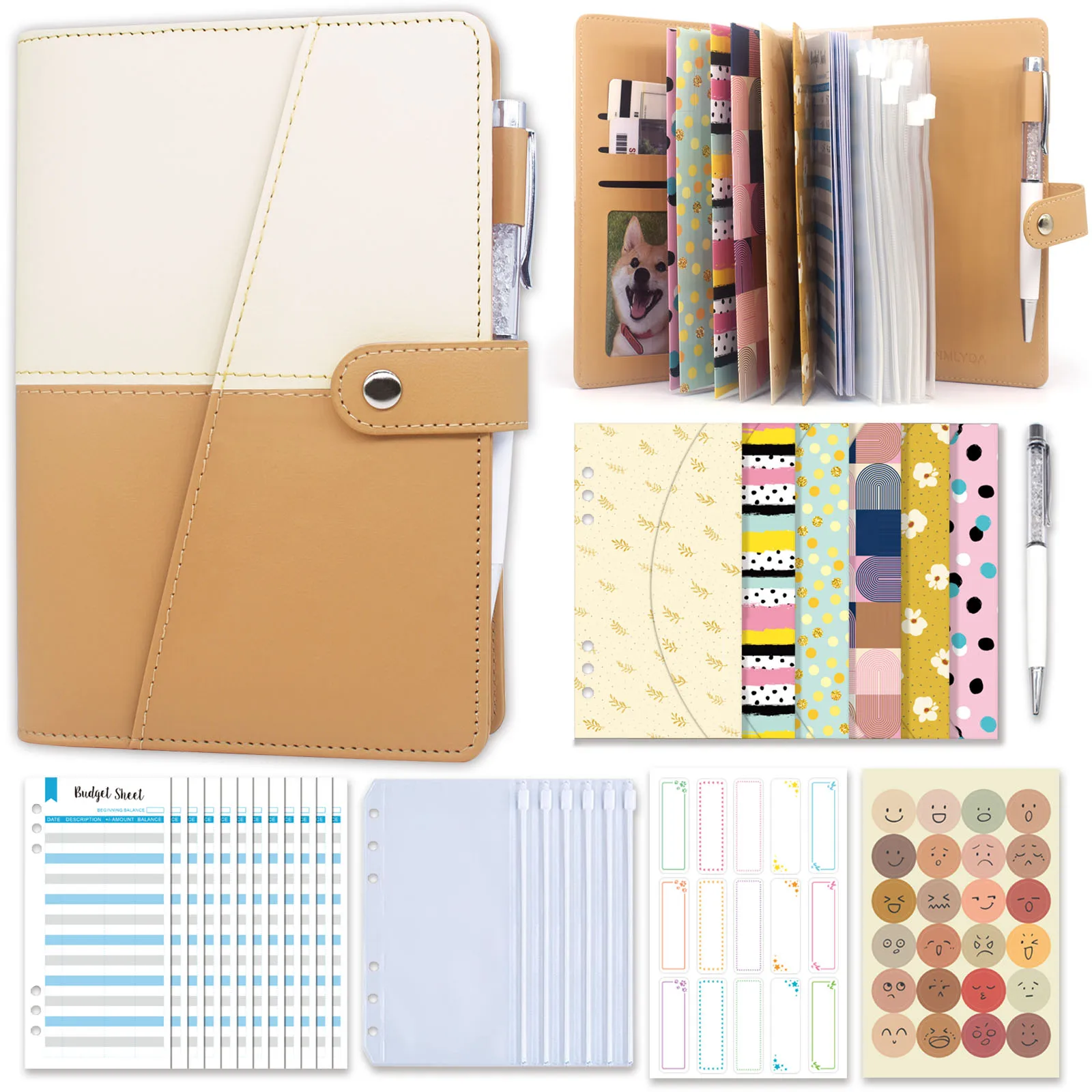 Budget Binder with Zipper Envelopes, Cash Envelopes with Budget Sheets, PVC Pockets, Cash Envelopes, Stickers & Pen