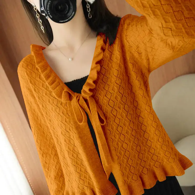 

Stylish V-Neck Knitted Spliced Lace Up Ruffles Cardigan Sweater Women Clothing 2022 Autumn New Oversized Casual Tops Korean Coat