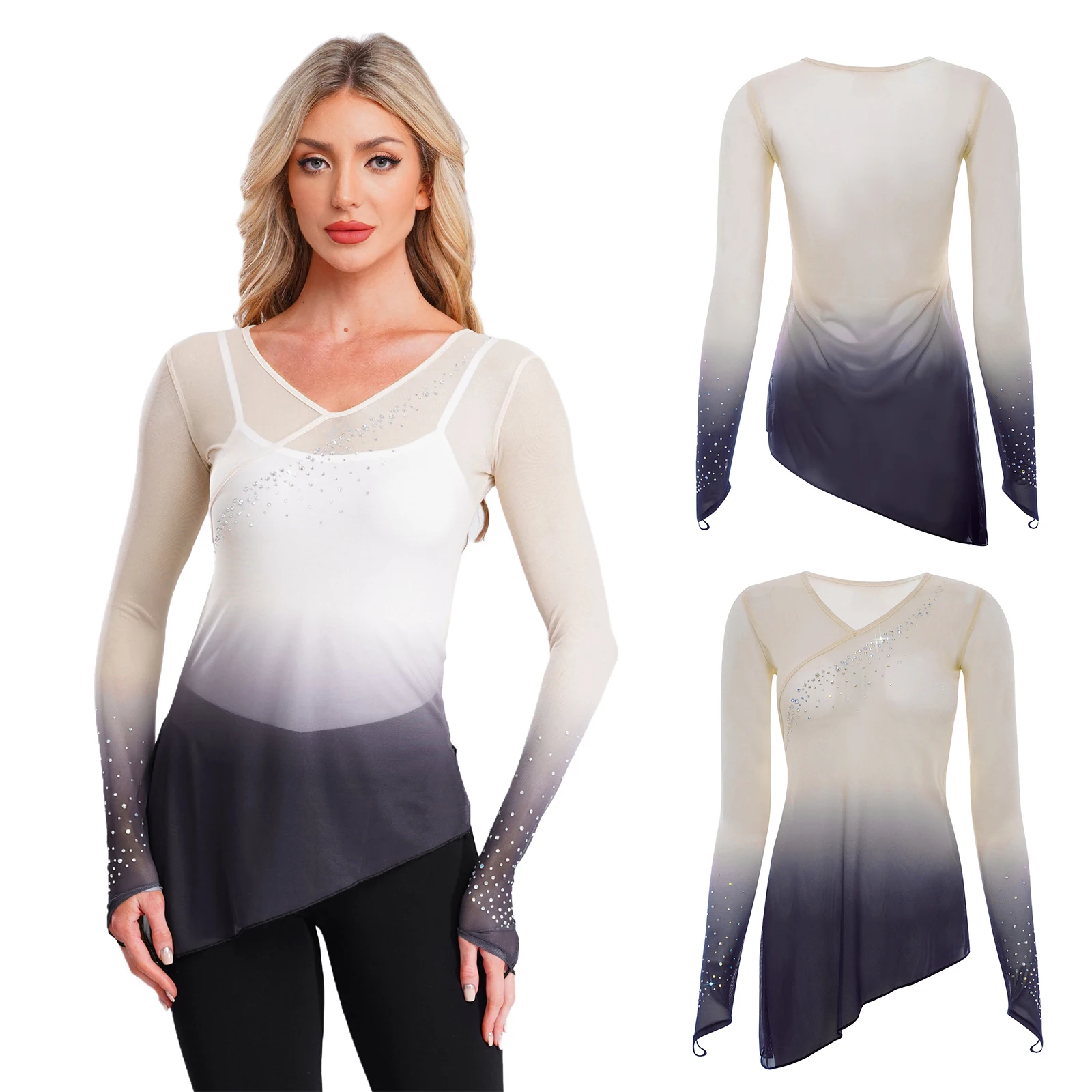 

Women Classical Sheer Mesh Dance Performance Shirts Top Long Sleeves Stretchy Gradient Modern Lyrical Ballet Dance Outfits