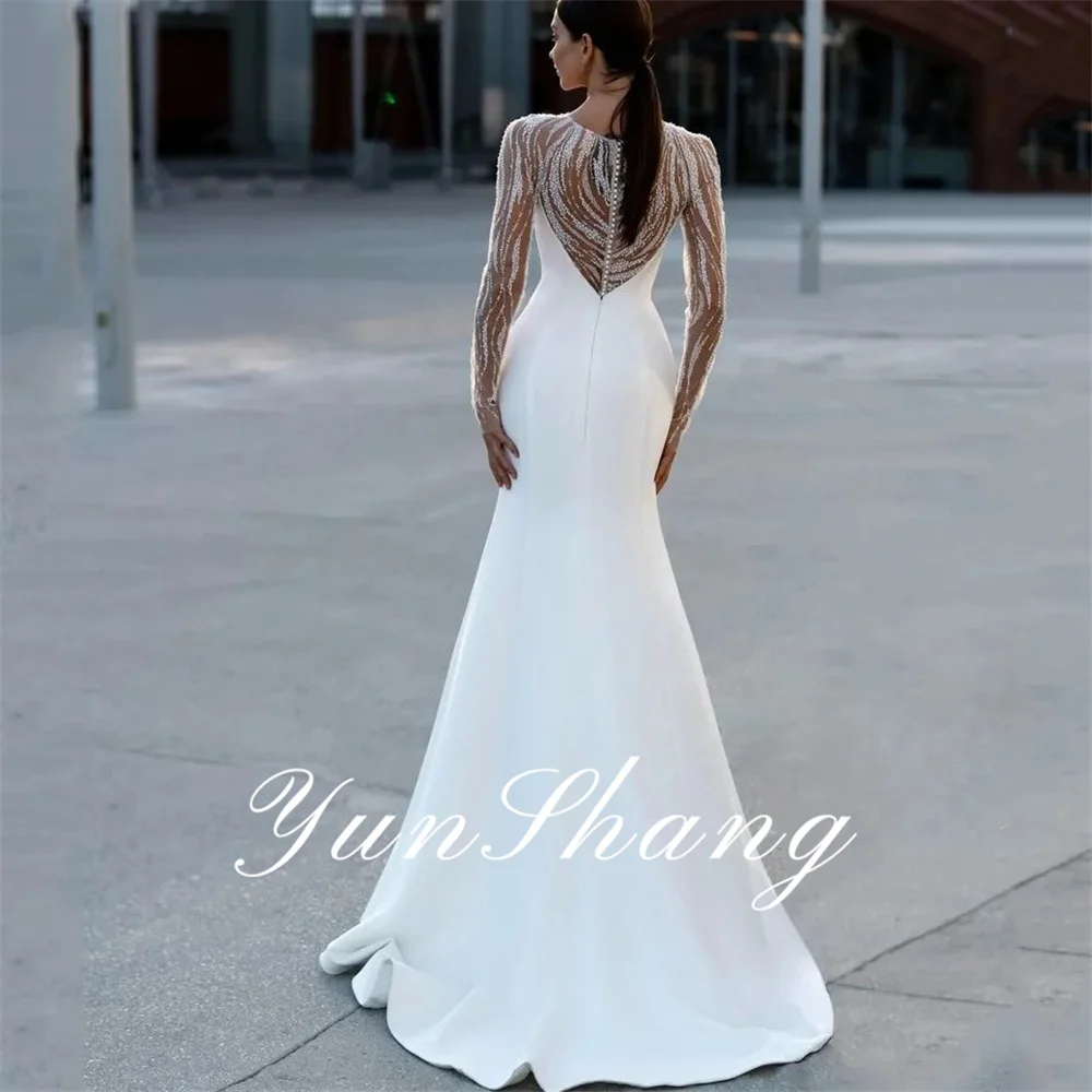 Yunshang Elegante Abito da Sposa a Sirena O-Collo Manica Lunga Illusion Back Crepe Abito da Sposa in Pizzo Treno Vestido De Novia personalizzato