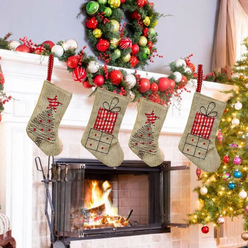 Linen Burlap Embroidery Christmas Stocking Reusable Hanging Christmas Gift Bag Decorative Small Christmas Decoration Holiday