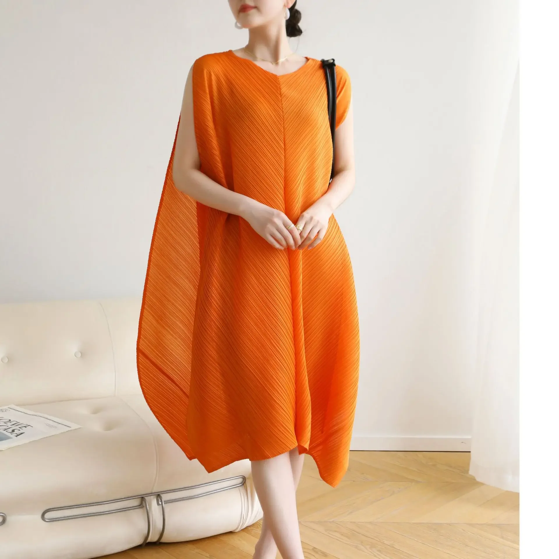 ISCH Miyake Pleats Dresses 2025 Summer High-end Pleats Niche Fashion Casual Vacation Style Loose Casual Dresses Women Clothing