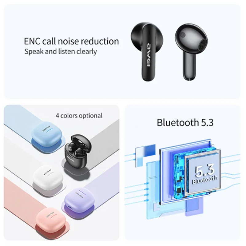 Awei T68 ENC Noise Canceling Earbuds 5.3 Bluetooth Earphones With 4 Mic Wireless Headset Gamer HiFi Bass Sound Sports Headphones