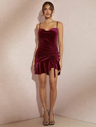 Women's summer solid color sexy design irregular drawstring ruffled hip velvet suspender dress