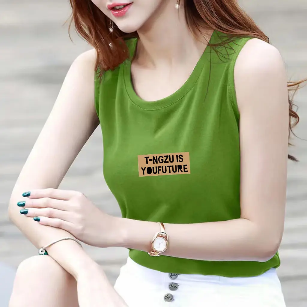 00% Pure Cotton Svel round Ne Printed Loose Tank Top Women's Summer Outerwear Casual Comfortable Korean Sle T-irt