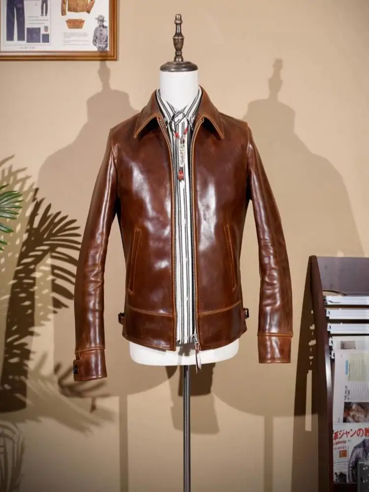 

YR!Free shipping.Luxury 1.6mm oil top grain horsehide.Men thick 1930 style Rider leather jacket.Vintage Brown coat.Cool