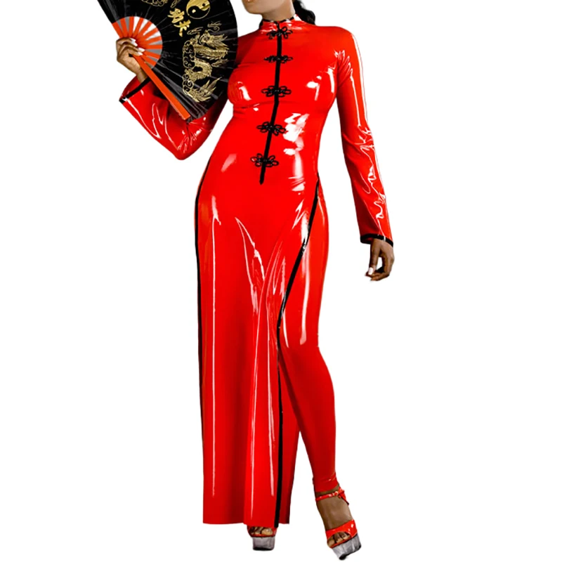 

Red And Black Sexy Latex Cheongsam QIBAO Side Slits Pankou Knots Trims Mandarin Collar Rubber Aodai Ao Dai Bodycon Dresses 085