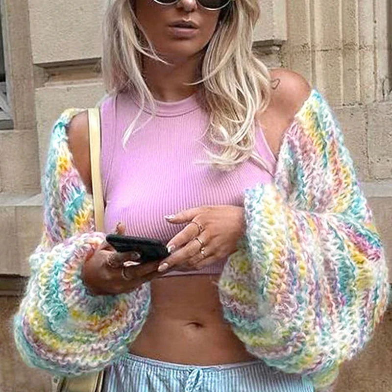 Fashion Ladies V-neck Long Sleeve Cardigan 2023 Autumn Streetwear Loose Coats Elegant Rainbow Crochet Hollow Knitted Outerwear