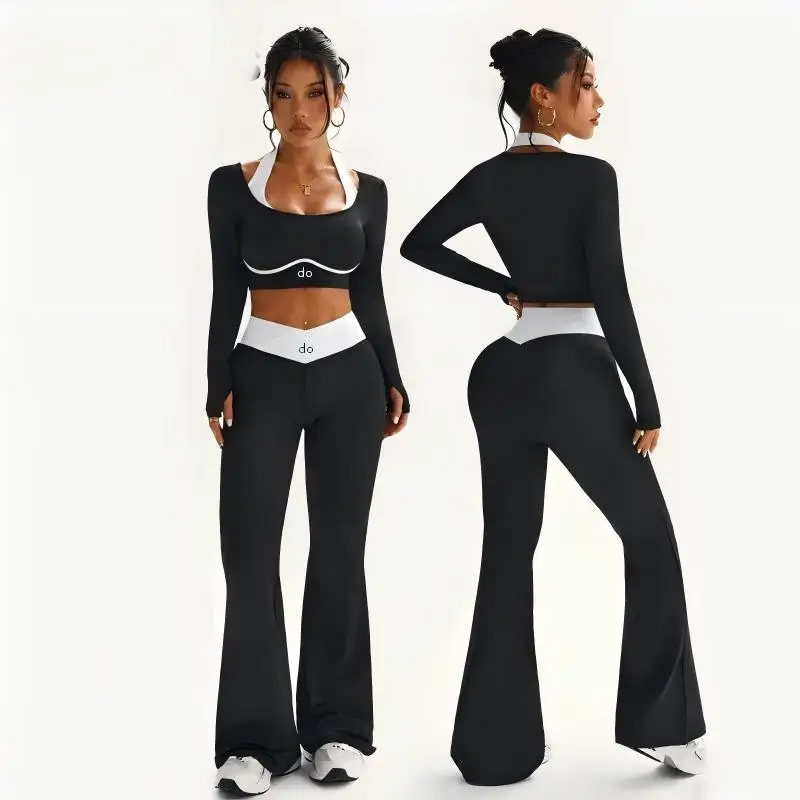 2026 new long sleeved yoga suit set - women's contrasting color hanging neck top peach hip trumpet pants fitness suit set