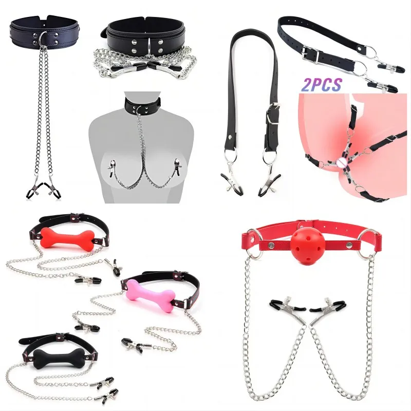 

Neck to Wrist Restraints Kit with Nipple Clamps Gag Sex Toys for Women Adjustable Back Handcuffs Collar Bondage SM Sex Game Toys