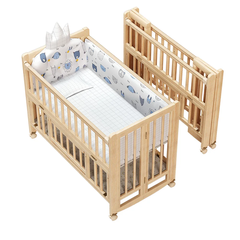 

Natural Wooden Foldable Baby Crib Bed Multifunction 3 in 1 Solid Wood Kids Cribs with Mosquito Nets for Boys and Girls