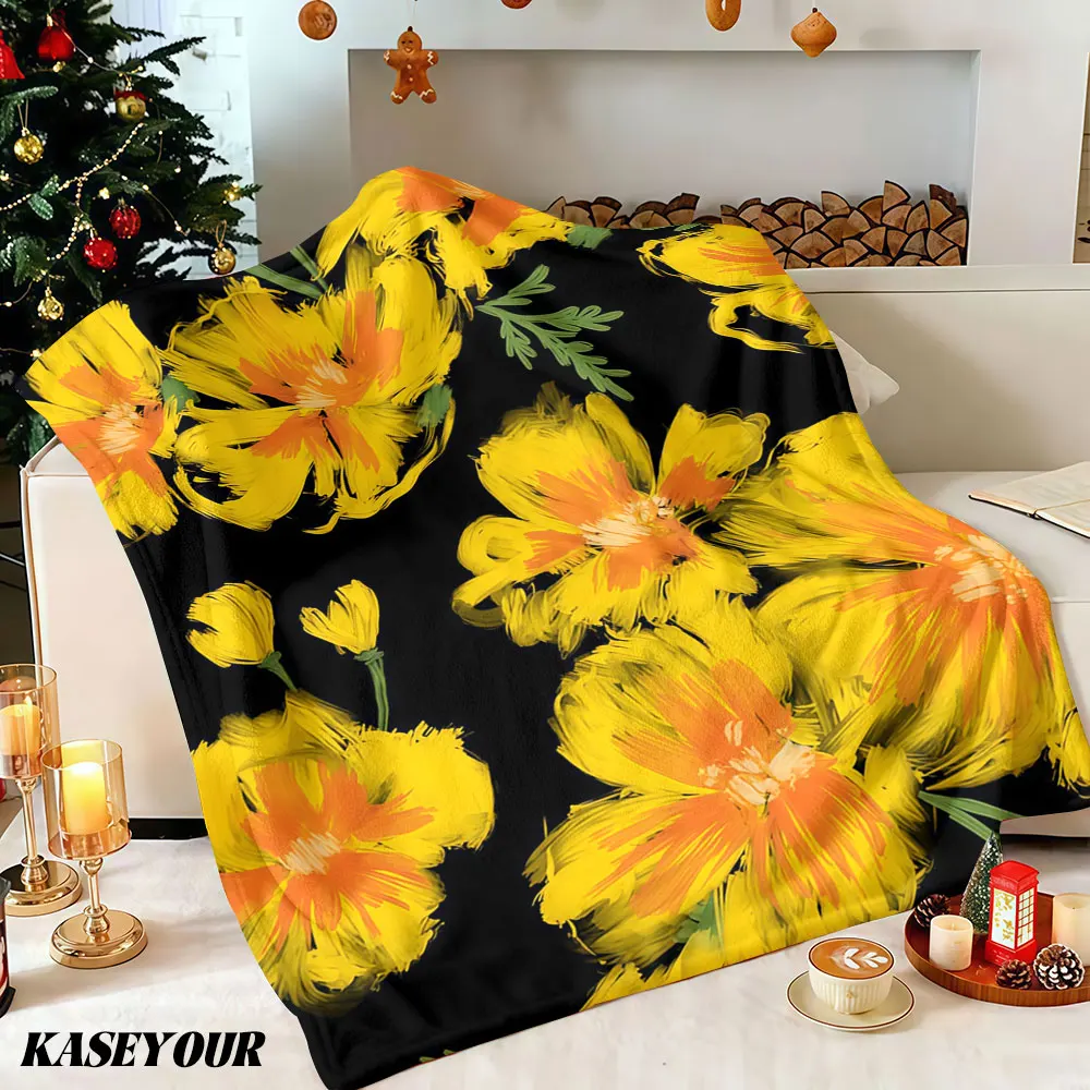 Painterly Yellow Poppies Winter Summer Flannel Blanket Throw Fleece Soft Fuzzy Plush Cozy Fleece Blankets for Sofa Ideal Gifts