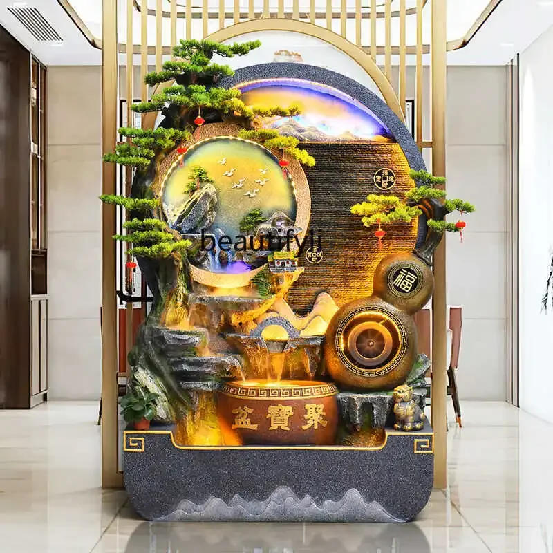 Living room large water curtain wall feng shui wheel large flowing water fountain courtyard landscape decoration