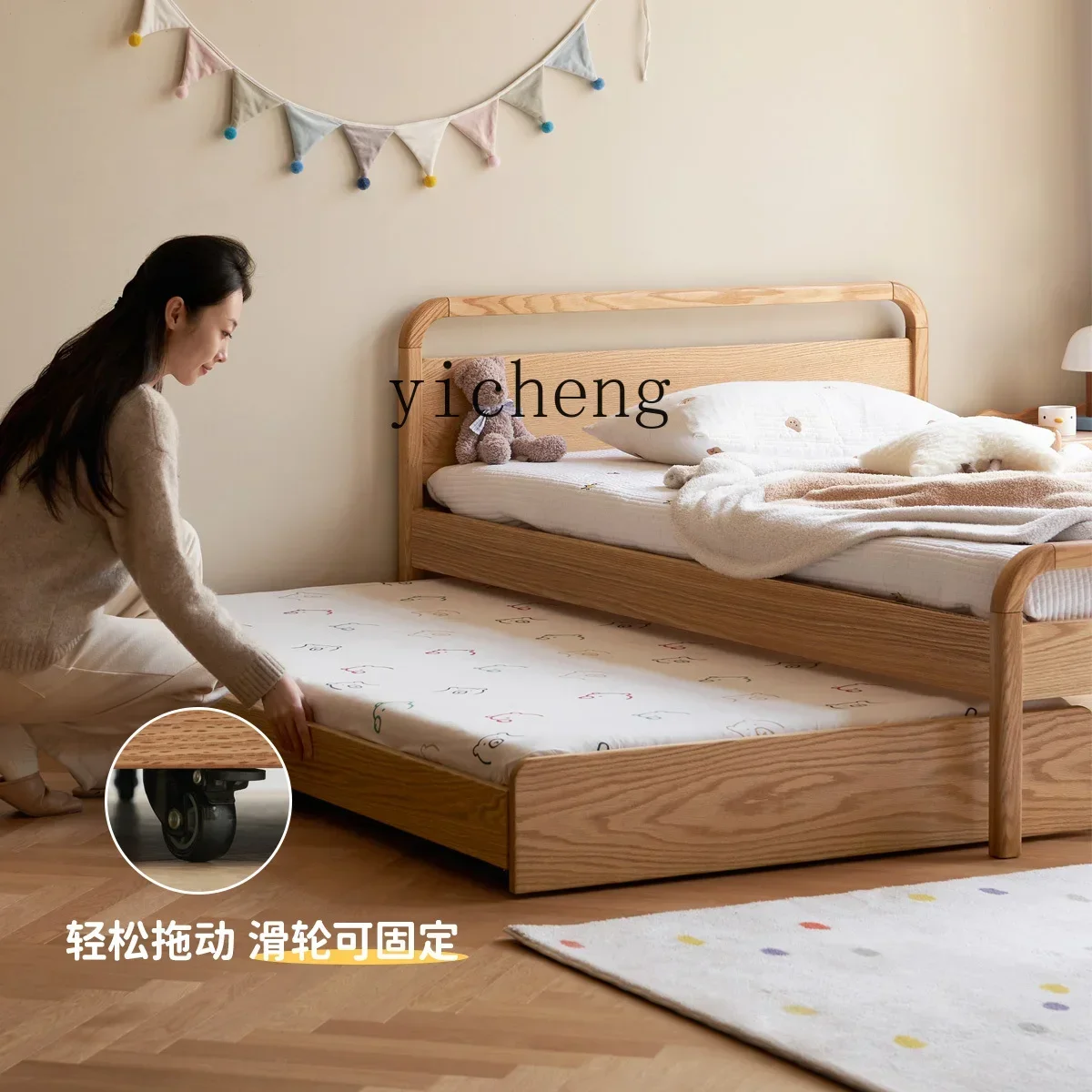 

Solid Wood Bunk Bed Small Apartment Single Bed Oak Bed with Mop Simple Tatami