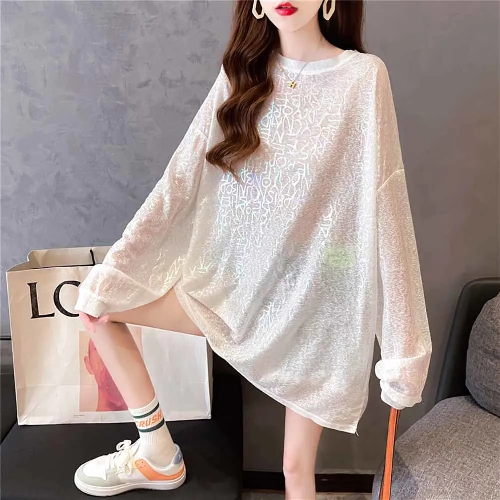 Summer Spring bright letters Mesh Long Sleeve T Shirt Women Casual T Shirt Sunscreen T Shirt Female Loose Sexy Korean Style