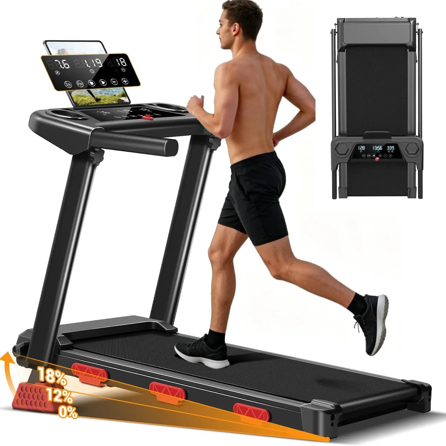 18% Incline Folding Treadmill for Home, 3.0HP Quiet Walking Pad with Handlebars, 350 LBS Capacity Compact Running Machine with 3