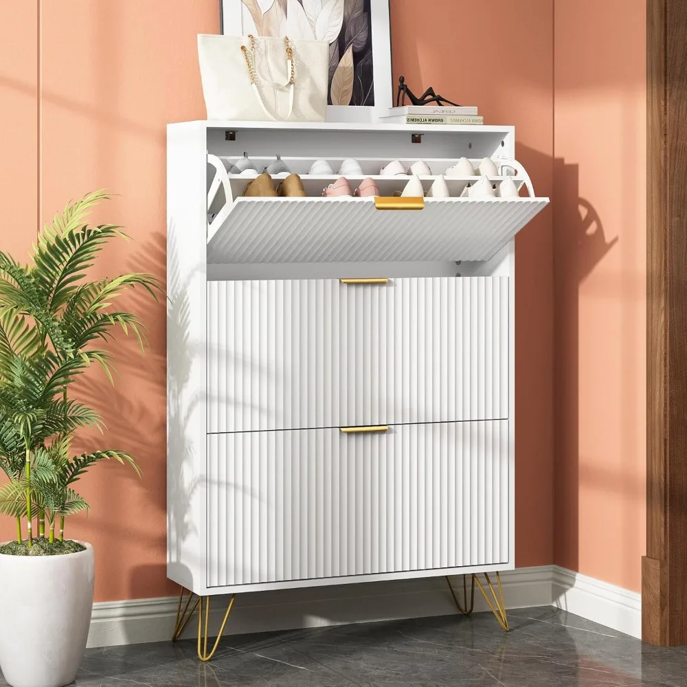 خزانة تخزين الأحذية ذات 3 أدراج - تصميم مخدد واسع 31.5 للمدخل، حل تخزين الأحذية الموفر للمساحة