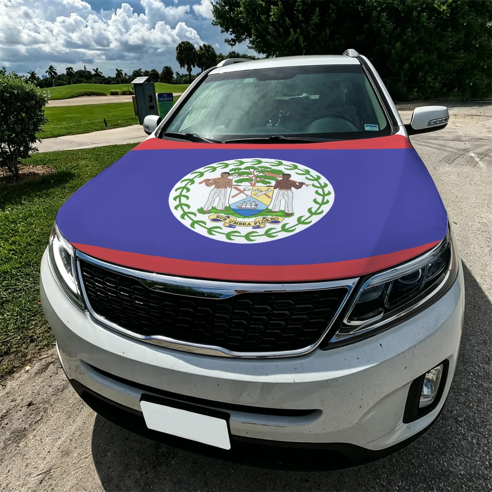 3.8x5.3ft Belize Car Hood Cover Flag Car Bonnet Banner Elastic Fabrics Windproof Patriotic Automotive Hood Covers