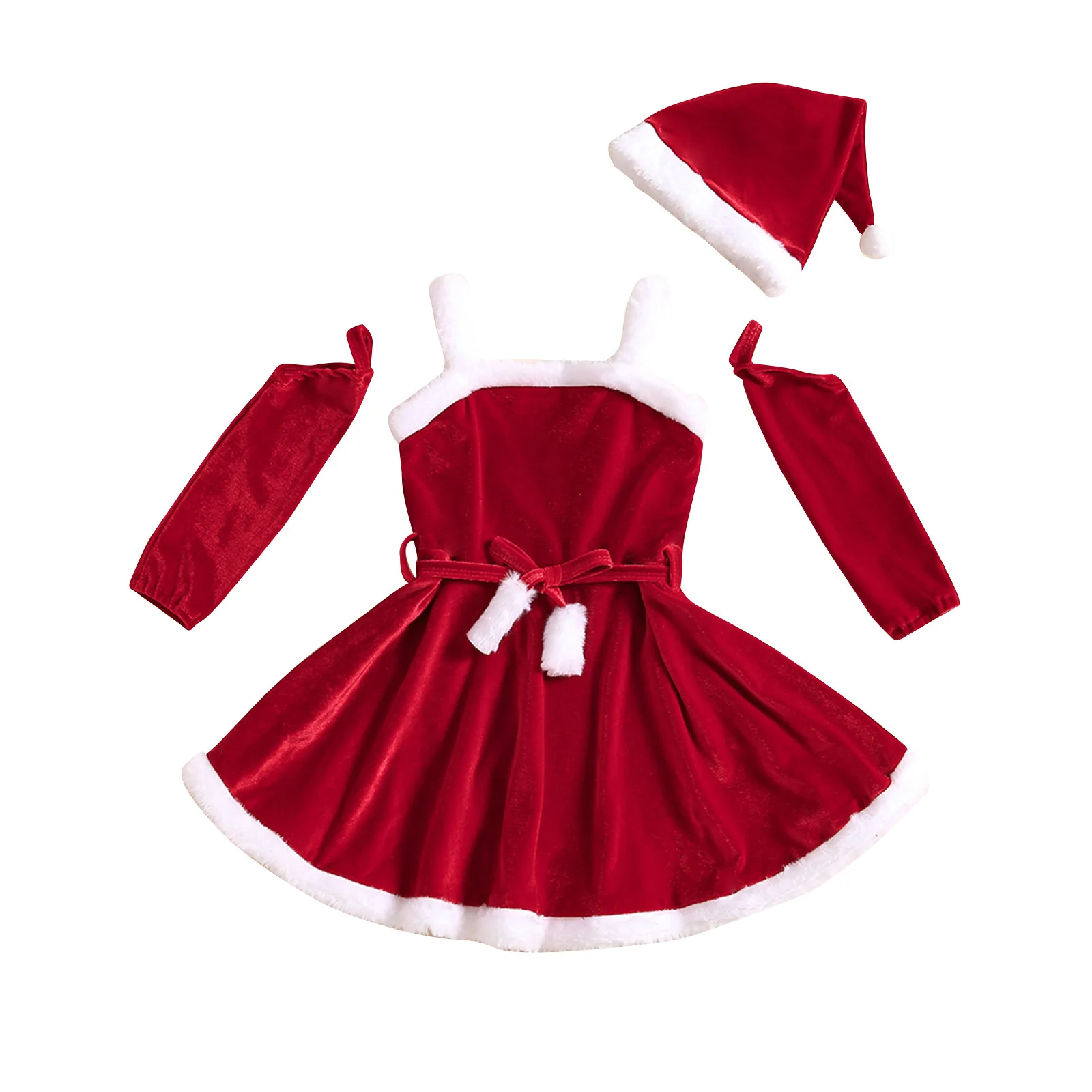 Girls Christmas Dress Sets Autumn Winter Velvet Suspender Dress+Oversleeve+Hat 3pcs Baby Santa Claus Clothes Festival Costume