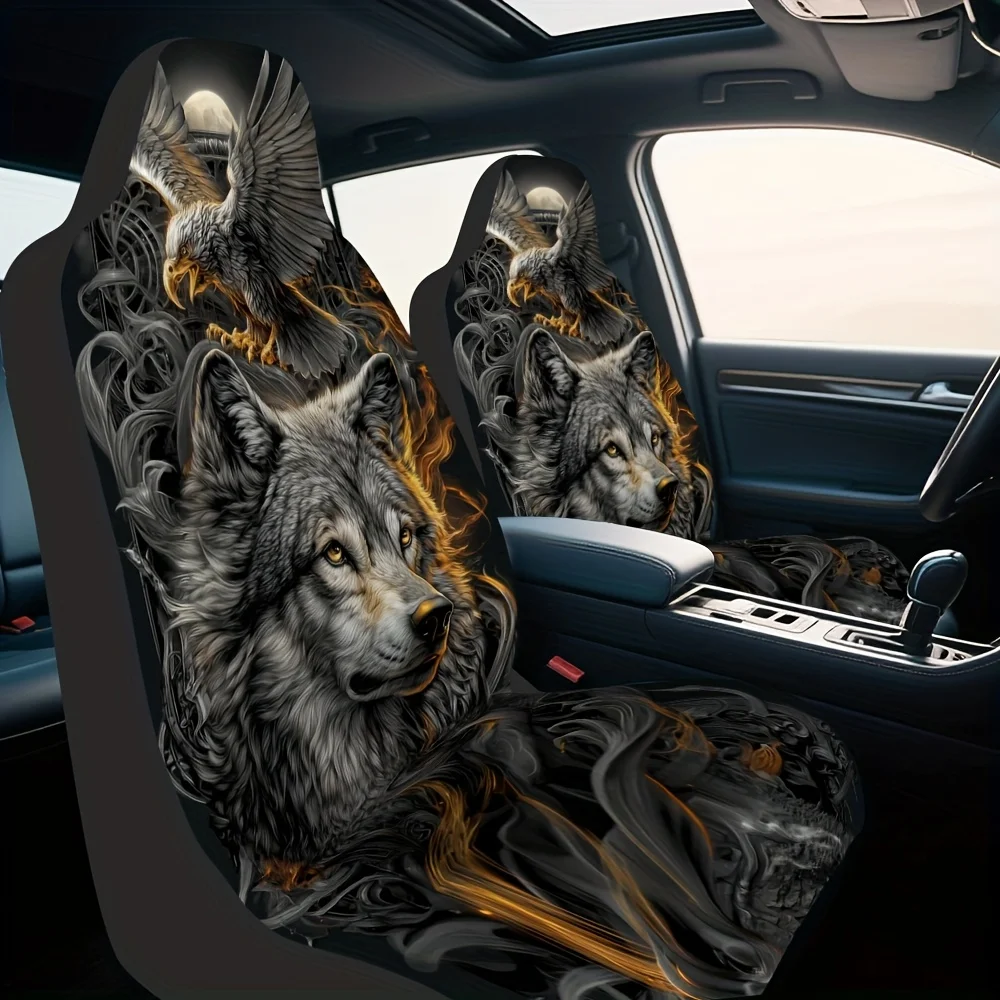 2pcs, Eagle And Wolf Harmony Style Decorative Seat Covers, Comfortable Lightweight Fabric, Universal Fit For Cars SUVs Trucks, A