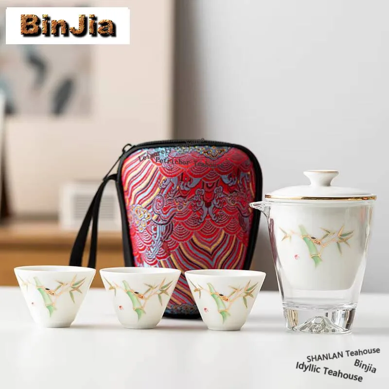 Dehua Mutton Fat Jade Porcelain Tea Set Kit Antique 1 Pot 3 Cups Tea Maker Picnic Outdoor Portable Stock Bags Accessories Craft