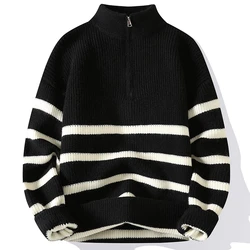 2023 New Fall Winter Zipper Turtleneck Striped Sweater Men High End Mens Christmas Sweaters Thick Warm Pullover Man Knitwear