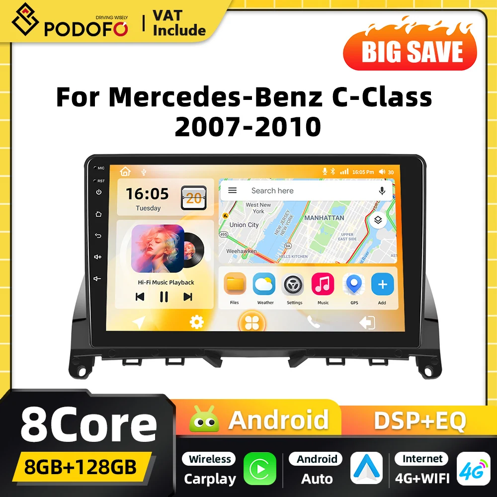 Autoradio Podofo 8 core con Carplay e Android Auto per Mercedes-Benz Classe C 2007 2008-2010, GPS, 4G, FM, 2DIN.