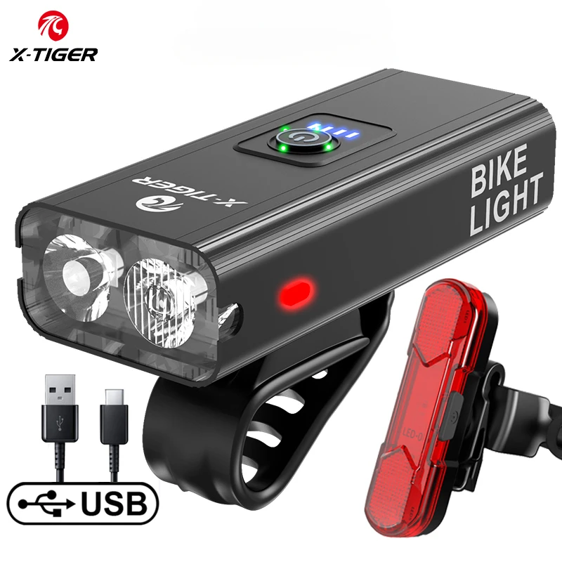 X-TIGER Bike Light Set Front Light with Taillight USB Rechargeable Flashlight 6 Modes Bicycle Accessories for Bicycle Road MTB