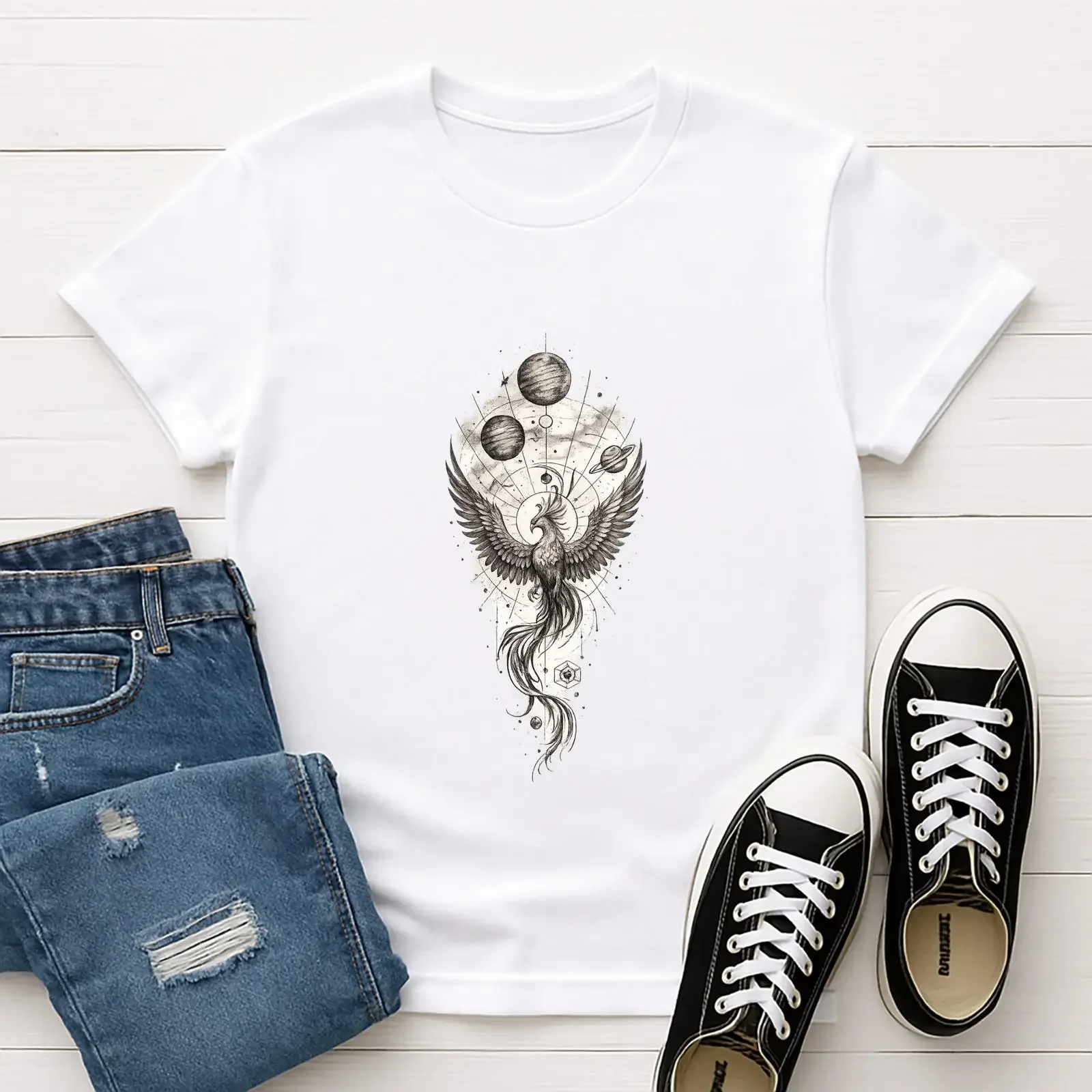 Phoenix T Shirt Mystical Rebirth Symbol Boho Firebird vintage Washed streetwear Top For Everyday Wear Stretched Slightly