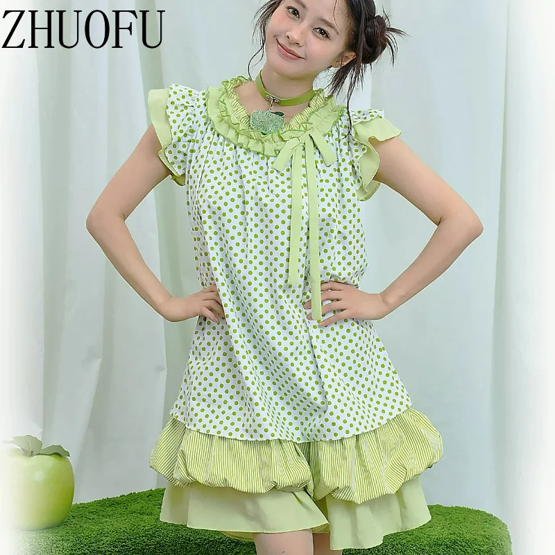 Original Sweet Design Green Polka Dot Women's Dress 2026 Summer Cute Flying Sleeves Ruffle Leaf Edge Girl Cake Dresses Ladies