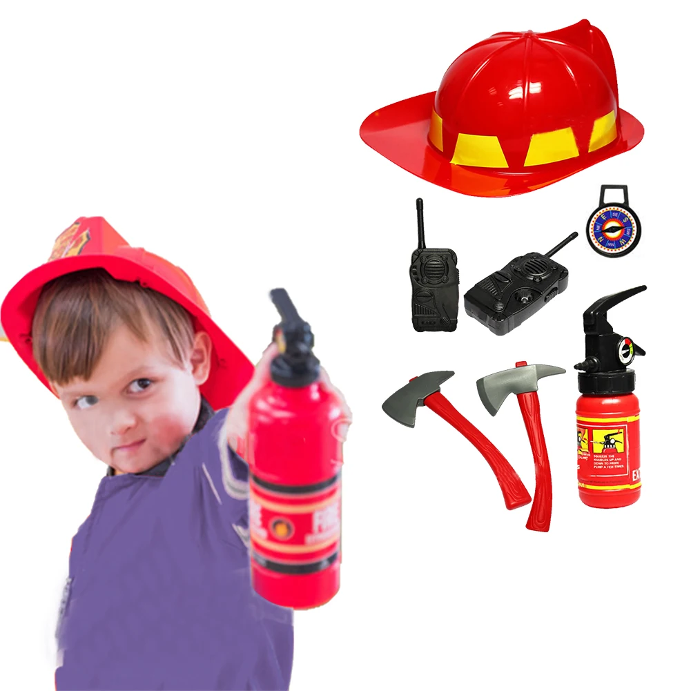 Simulation Fire Fighting Toy Suit Children Firefighter Fireman Cosplay Kit Helmet Extinguisher Intercom Axe Wrench Gifts 5pcs