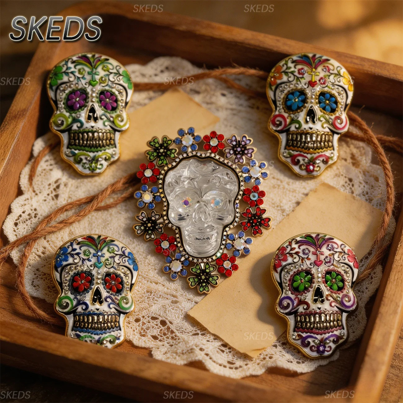 SKEDS Mexican Day Of The Dead Skull Brooch Colorful Floral Rhinestone Skeleton Pin Enamel Lapel Badge Suit Hat Decor Jewelry