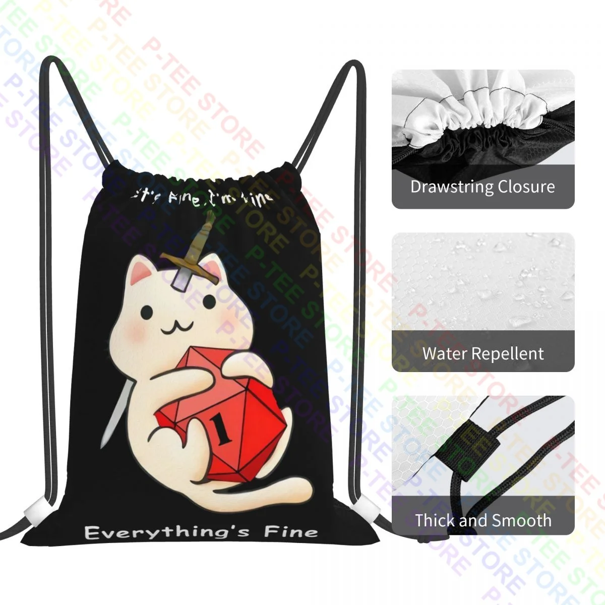 Funny Meowster Dnd Coffee It S Fine I M Fine Everything Drawstring Bags Gym Bag School Gymnast Bag