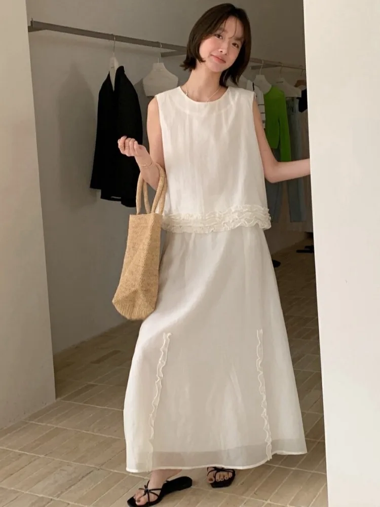 

Summer New Sle Women's Vest Skirt Two-Piece Set Wooden Ear High Waist Slim A-Line Skirt Soft Gentle Wind Design