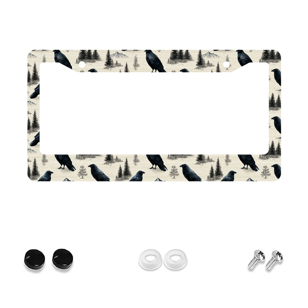 

Рамка номерного знака с 2 отверстиями в стиле ретро, черная ворона и лес, алюминиевый материал, 6x12 дюймов с комплектом винтов, уникальный автомобиль D