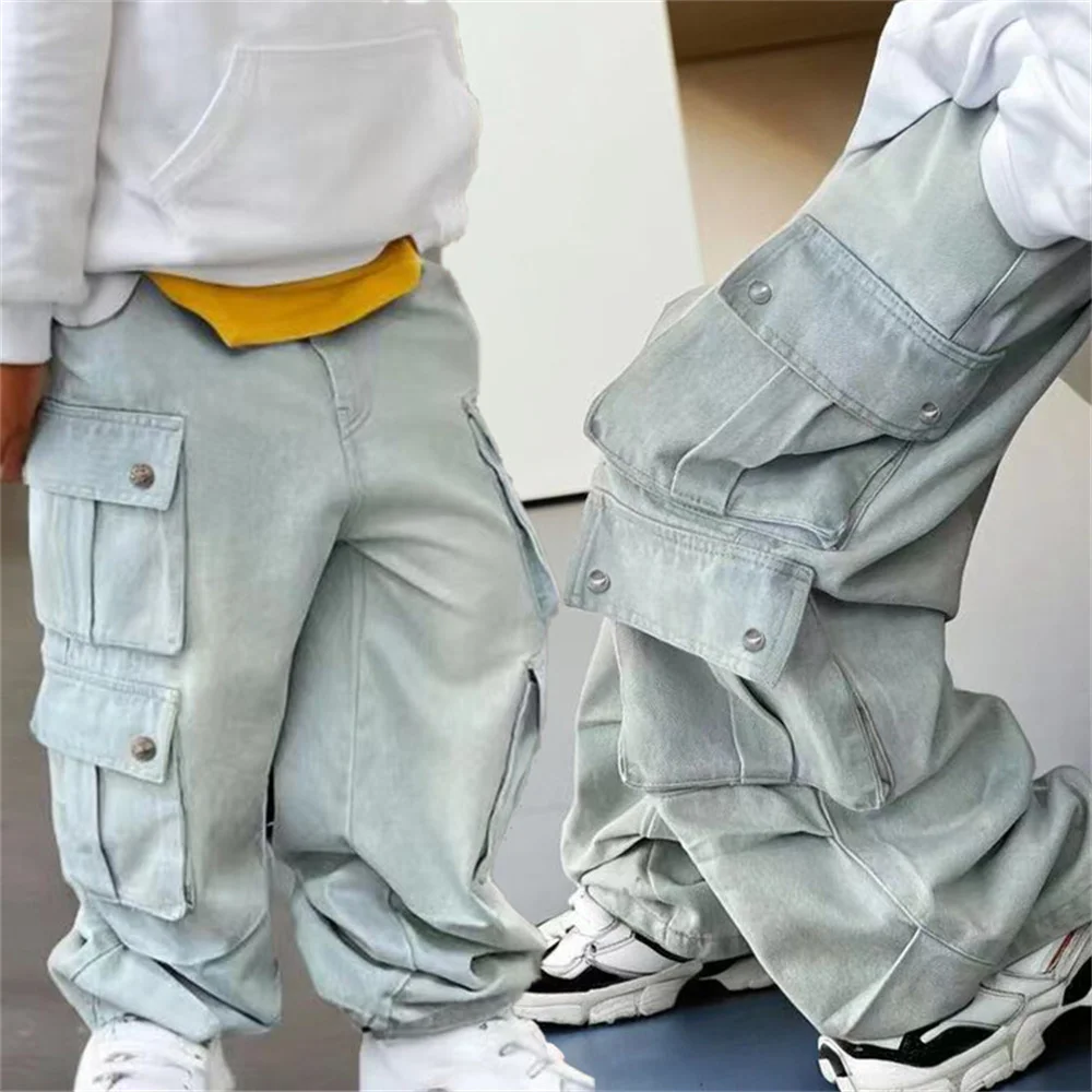 24610 Korean Wide Leg Pants Street Dance Pants Boys' Jeans Children's Side Pockets Kid Jeans Denim Cargo Pants