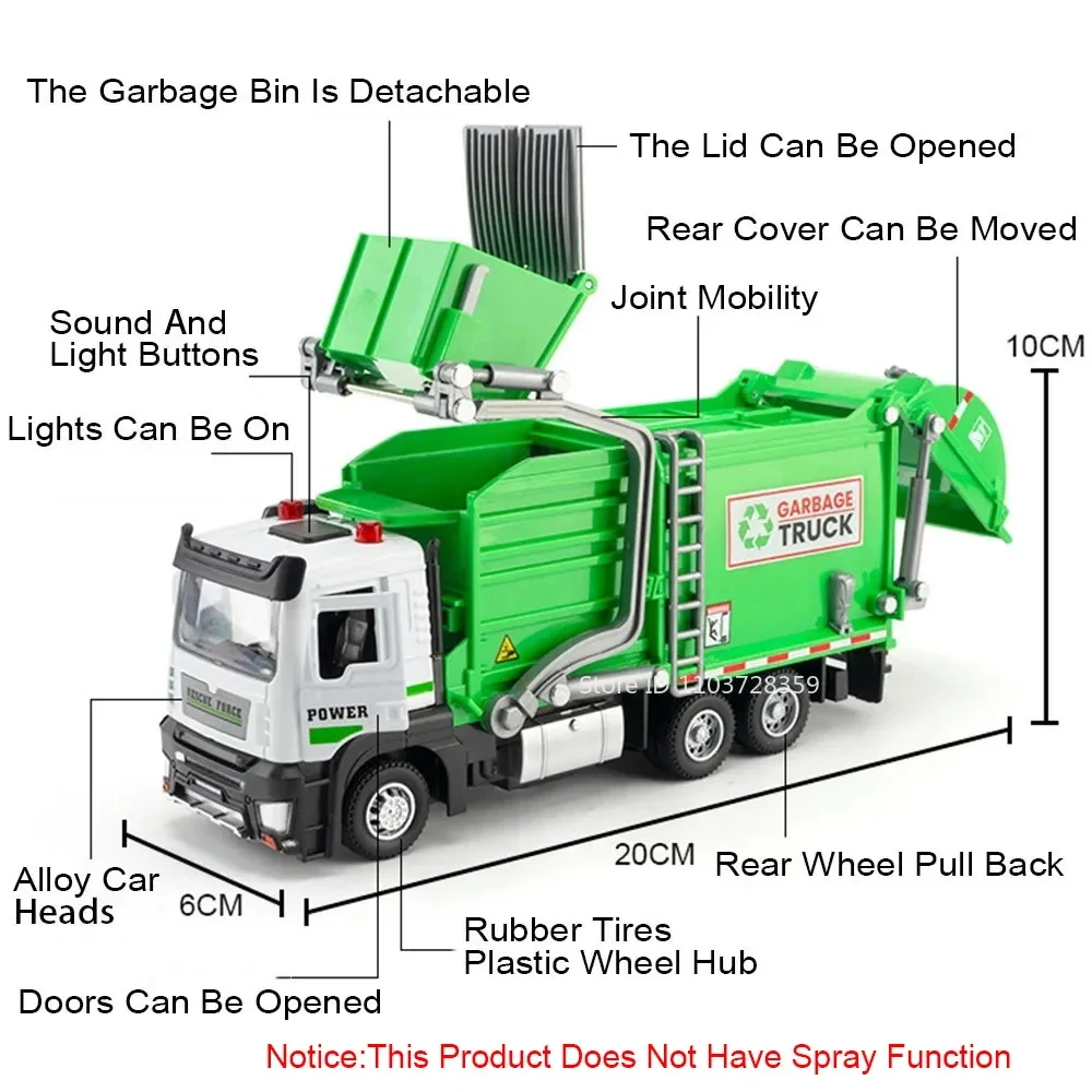 1:32 Modello Giocattolo Rimozione della polvere e Prevenzione della foschia Veicoli spray Pressofuso in lega Camion della spazzatura Suono Luce Tirare indietro per i regali dei ragazzi