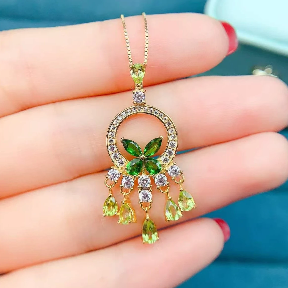 

Natural Peridot Diopside Pendant 925 Silver Tassel Design Green Gemstone Necklace Pendant Gold Plated with Certificate for Women