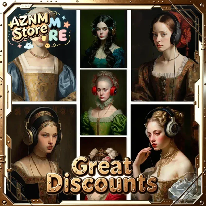 Renaissance Woman Wearing Headphones Figure Poster Print Vintage Altered Art Canvas Painting Baroque Bedroom Wall Decor Pictu